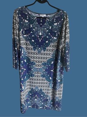 London Times Blue & White Printed Scoop Neck stretch dress